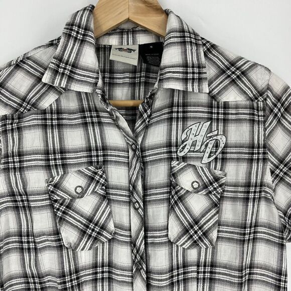 Harley Davidson Shirt Size Small Womens Black Plaid Snap Short Sleeve Rhinestone - Picture 2 of 7